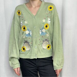 Hot Topic Green Cardigan with Sunflower and Totoro Embroidery